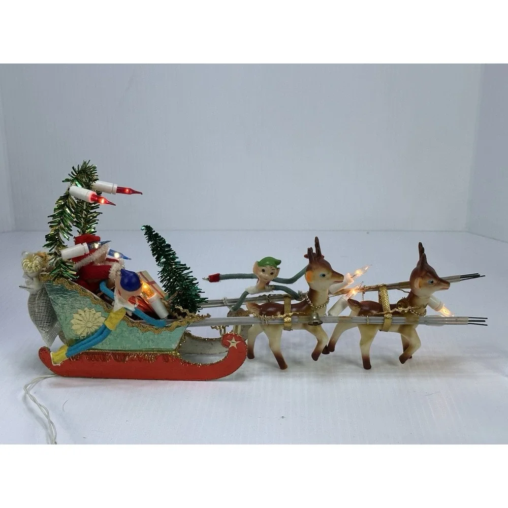 Vintage Christmas Santa Clause Pixie Elves Reindeers Sleigh Electric 1960s